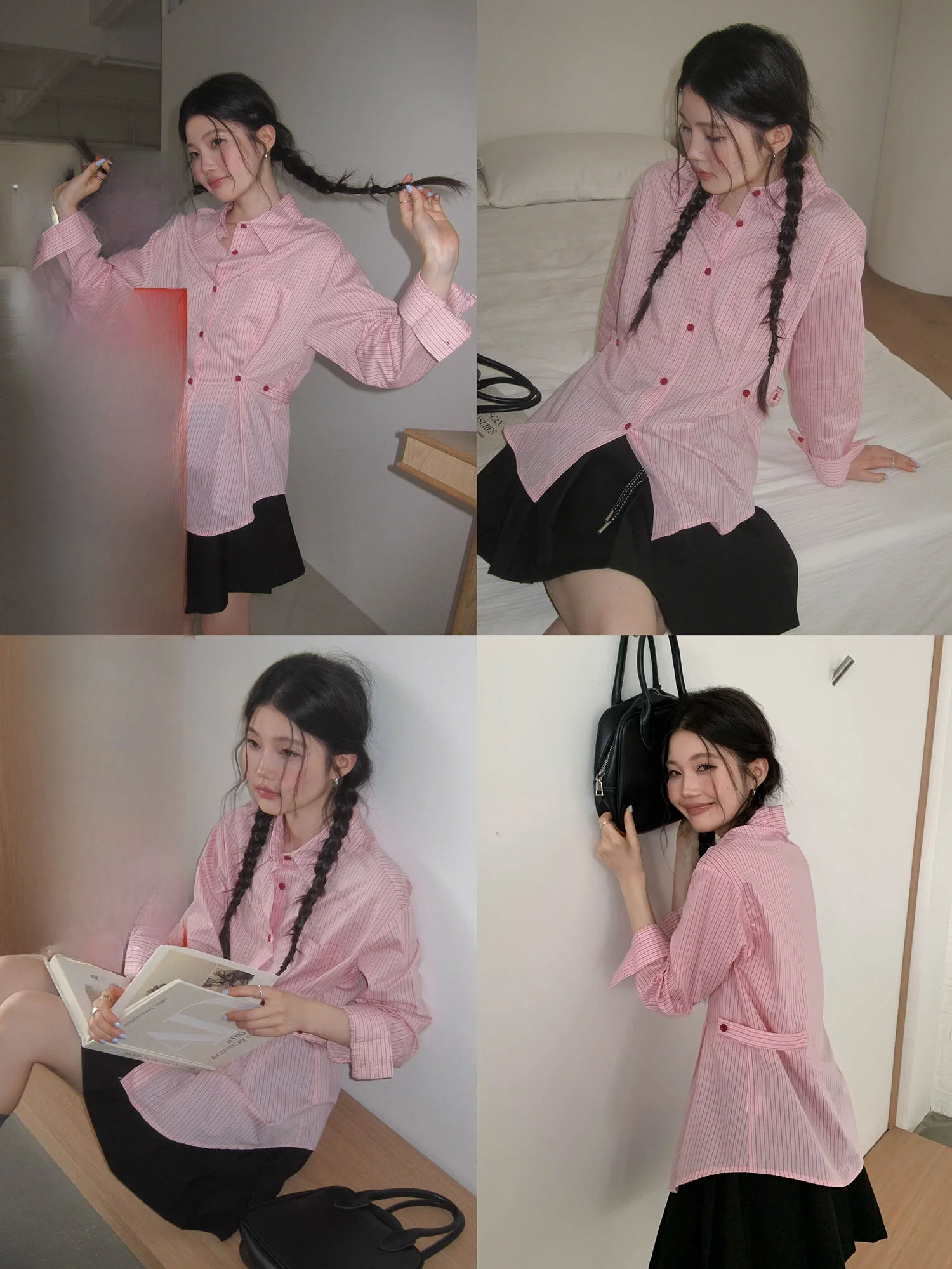 

Pink Striped Long Sve irt Women's Spring 2026 Waist-Cinching Design Korean Sle Breathable Wear-resistant Regular Fit