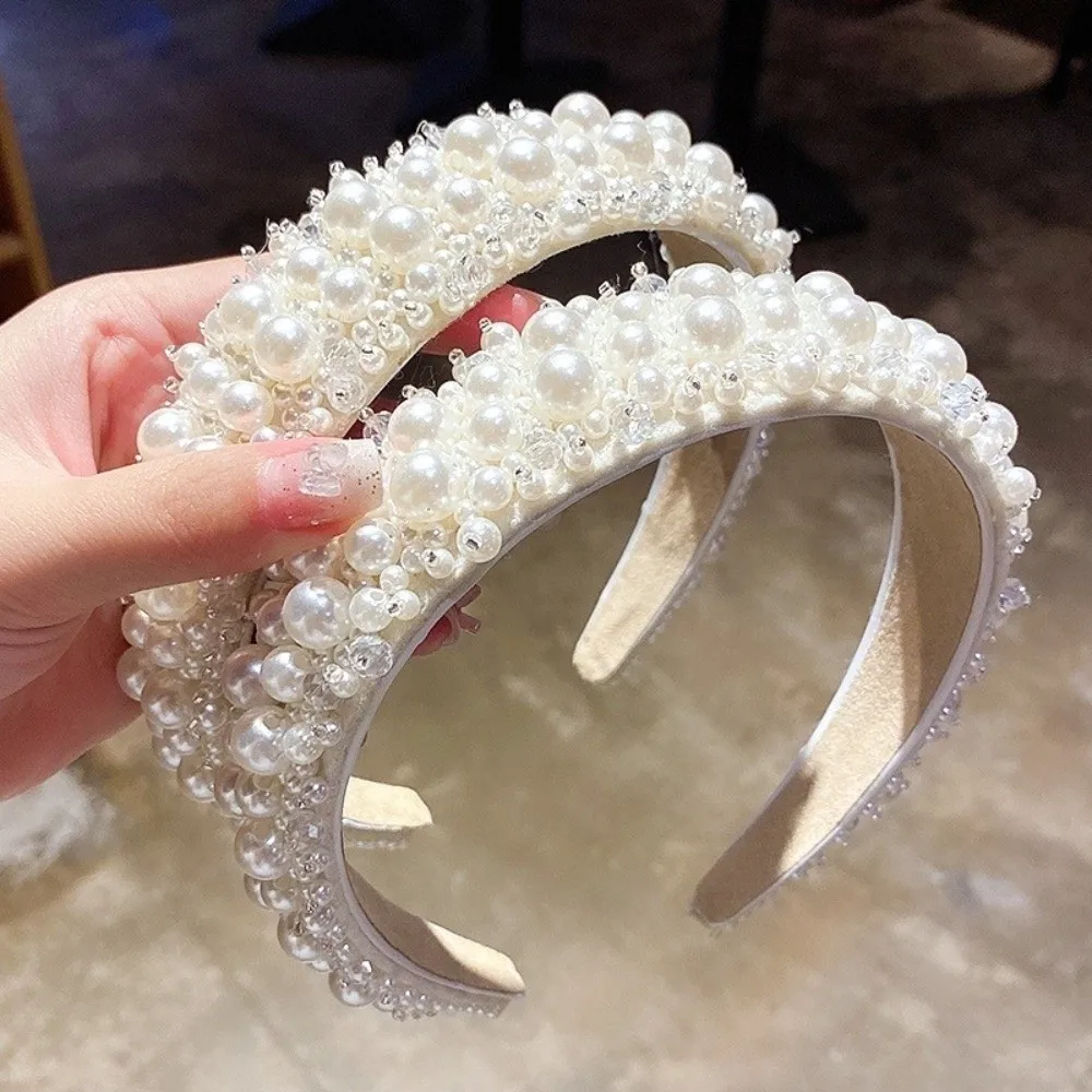 Elegant Wide Side Bridal Hair Hoop Large Korean Style Pearl Headbands Baroque Handmade Women Hairbands Women