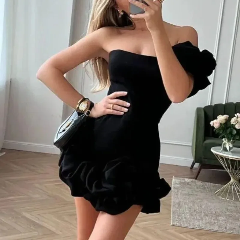 

Sexy Backless Strapless Dresses for Summer Women's Dress 2024 New Ruffle Edge Flower Bud SKinny High Waist Mini Wrap Hip Dress