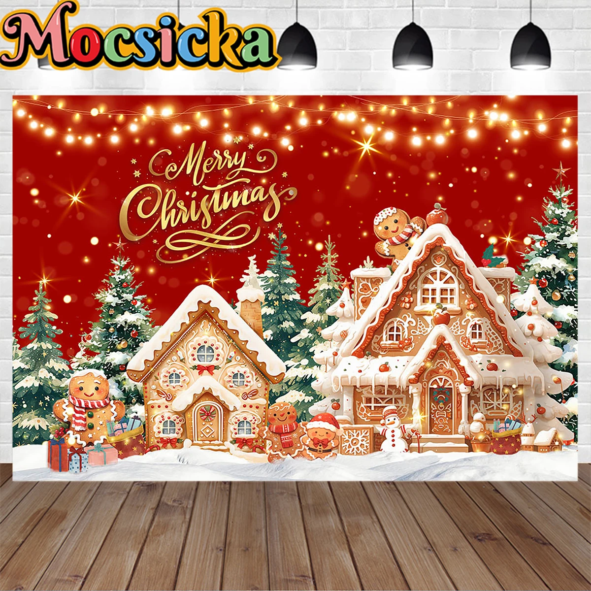 

Merry Christmas Background Snowman Snowy Gingerbread House Xmas Tree Red Shiny Backdrop Winter Kids Birthday Gift Table Banner