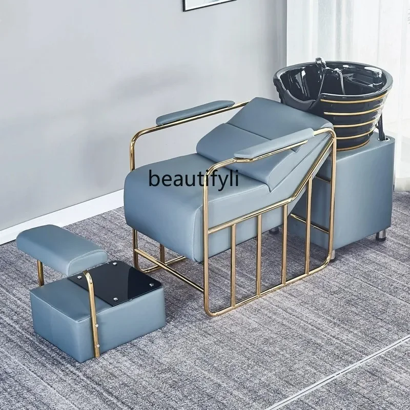 

zxqSemi-reclining hairdressing shampoo bed Barber shop, special massage head treatment bed Light luxury ceramic basin flushing b