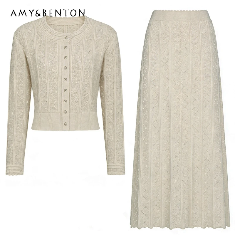 

2026 Spring Autumn New Long-sleeved Lady Knitted Women's Cardigan Jacket Retro Design Slim Thin Versatile Long Skirt Suit Ladies