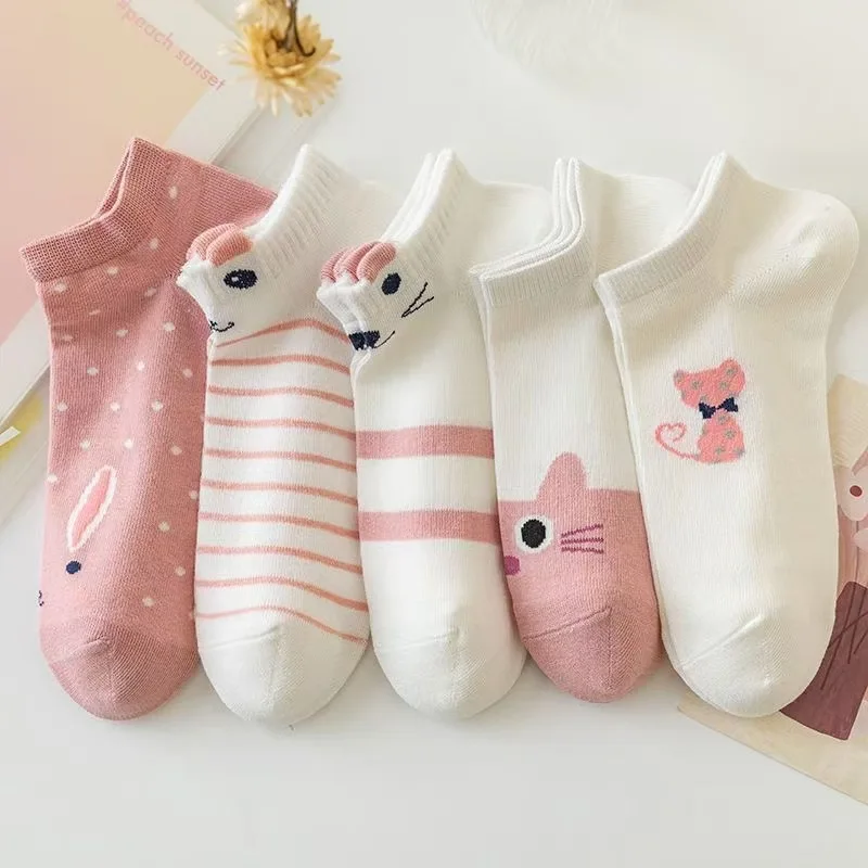 5 Pairs Women's Short Boat Socks, Cute Pink Cat Thin All Season Socks, Slow Top Fashionable Socks