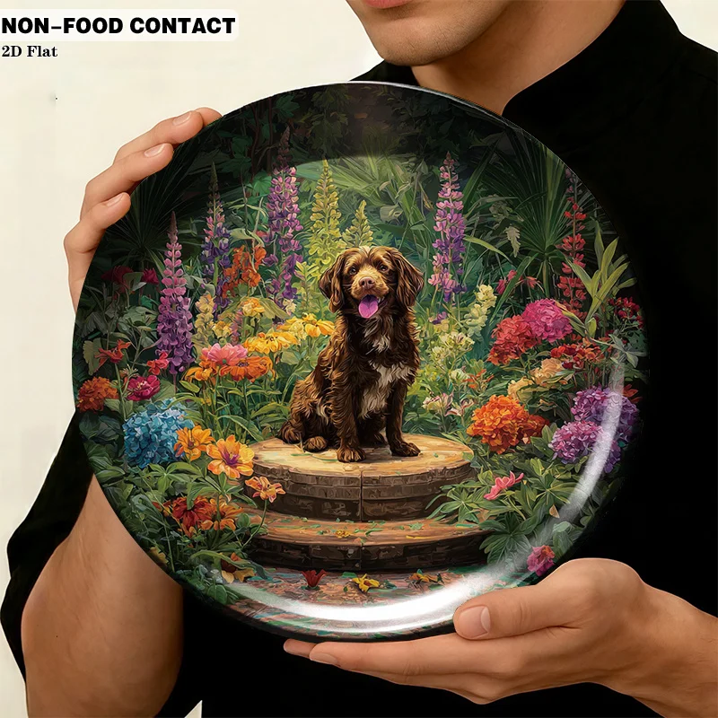 1pc Ceramic Decorative Plate, Floral Garden Dog Art Decorations, (For Decorative Purposes Solely, NON-FOOD CONTACT) - Wall Home