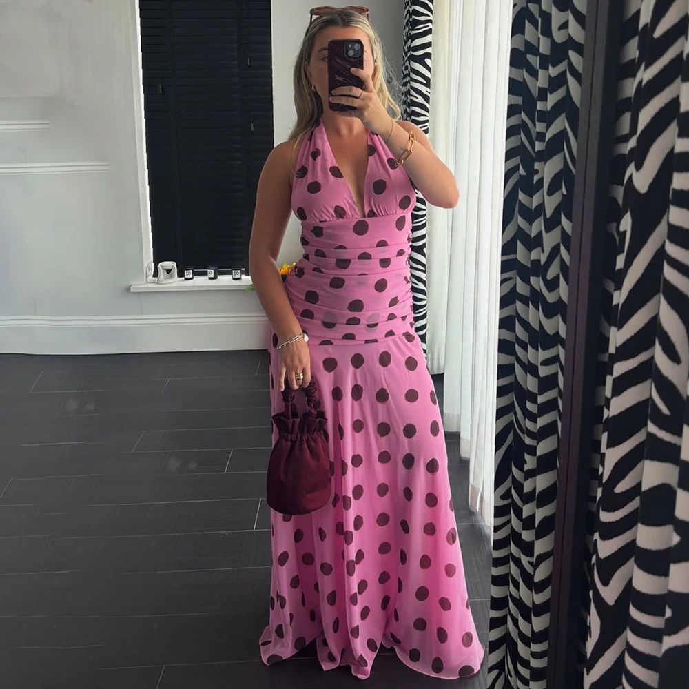 

Talenza Pink Chiffon Polka Dot Printing Halter Dress Women Elegant Sleeveless Backless Skinny Pleated Robe Beach Evening Dresses