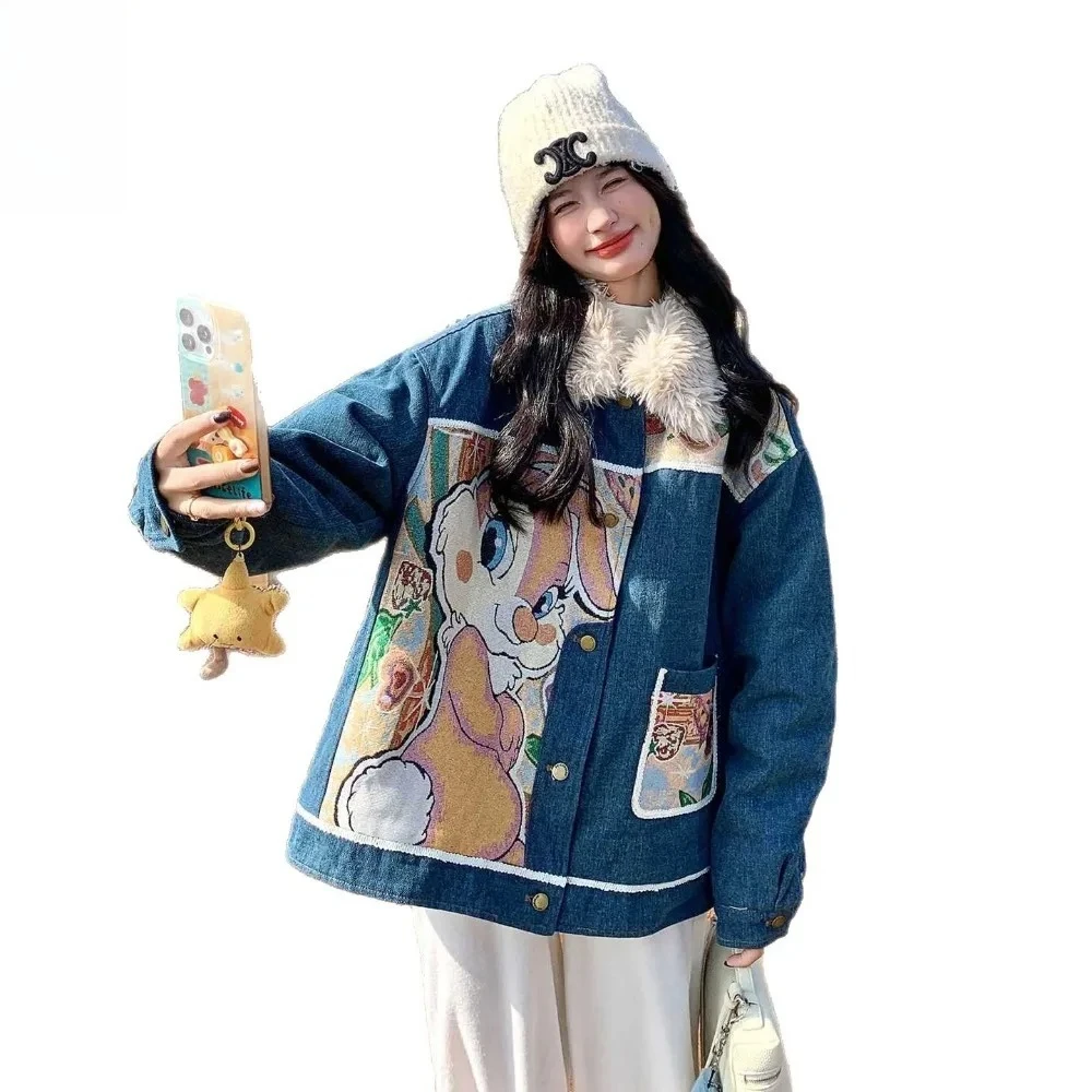 Veste en jean doublée de fourrure de lapin coréenne bleue, nouvelle collection automne-hiver 2026, dessin animé, anti-âge, épaisse, en polaire