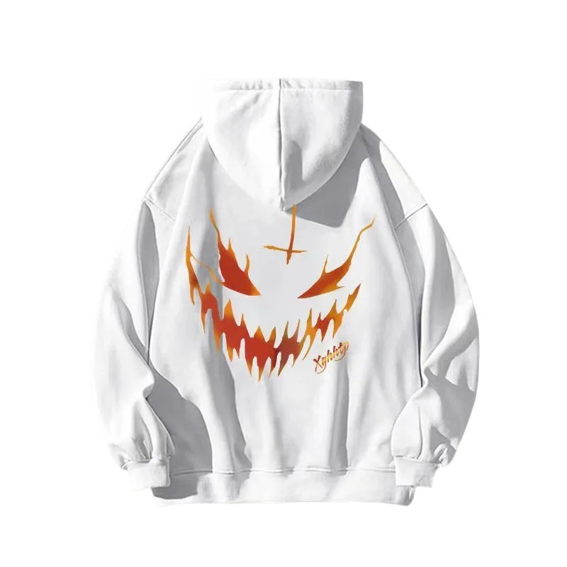 

Fall Winter Men Long Sleeve Velvet Lining Hooded Sweatshirts Halloween Pumpkin Devil Print Highstreet Fashion Loose Tops Unisex