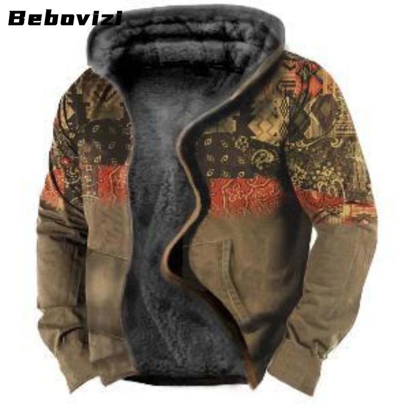 2023 Fashion Print Winter Thick Men Jackets Casual Fleece Zipper Hooded Coat Men's Warm Clothing Chaquetas Hombre