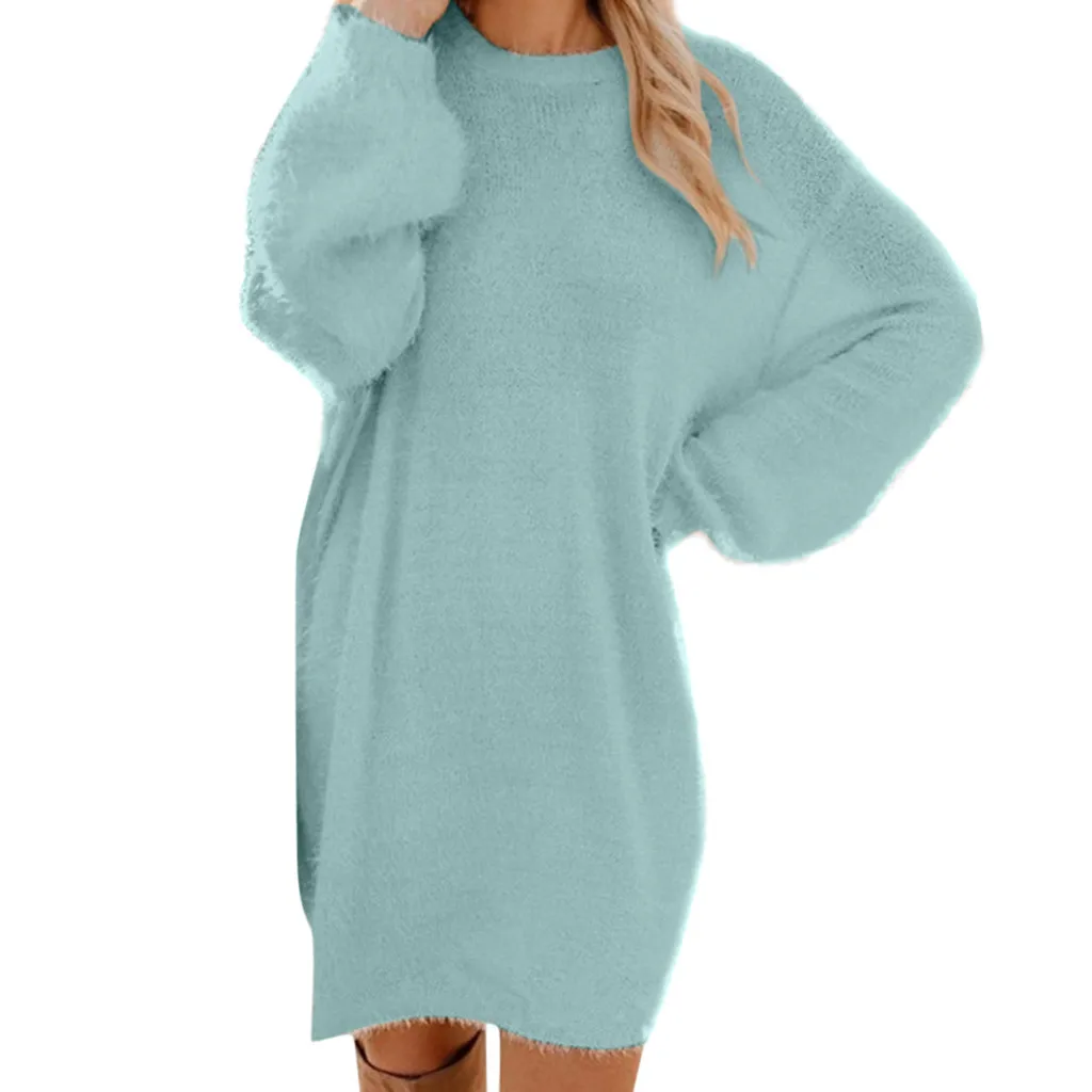 Plush Turtleneck Warm Mini Dress Women Winter Knit Pocket Fleece Solid Long Sleeve Sweater Ladies Dresses Female Vestidos