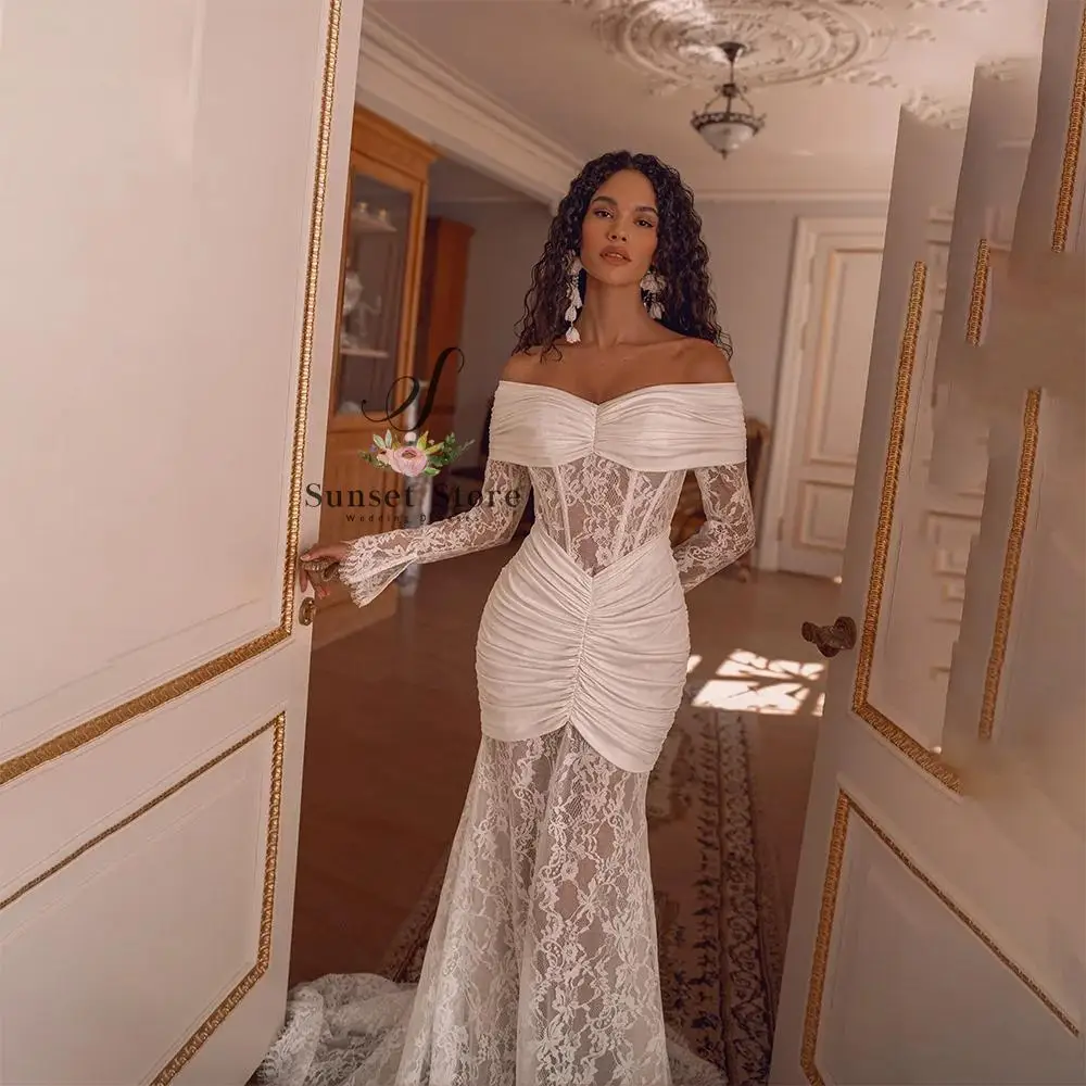 Customized Exquisite Lace Appliques Mermaid Wedding Dress Customized Off The Shoulder Long Sleeves Illusion Sweep Train Bridal G