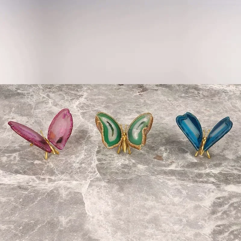 u11 Colored Agate Butterfly Ornament Natural Agate Chips Brass Simulation Insects Butterfly Statue Metal Figurine Home Decora