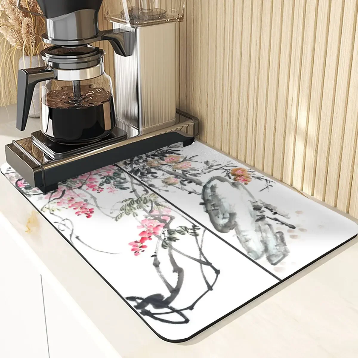 Chinese Style Absorbent Drying Mat For Kitchen Placemats For Table Sink Diatomaceous Earth Mat Plant Pattern Silicone Dish Mats