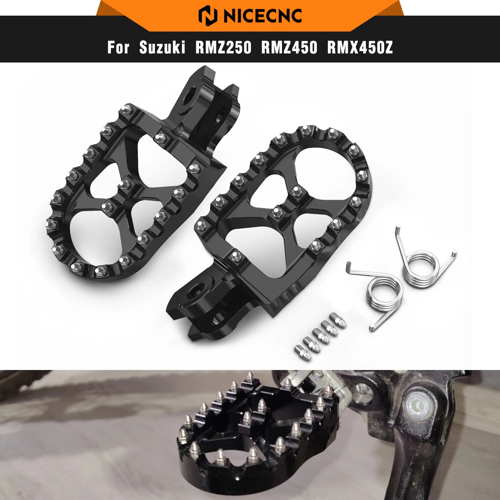 NICECNC For Suzuki RMZ250 2010-2024 57mm Wide Foot Pegs FootRest Footpegs Rests For Suzuki RMZ450 2008-2024 RMX450Z 2010-2019