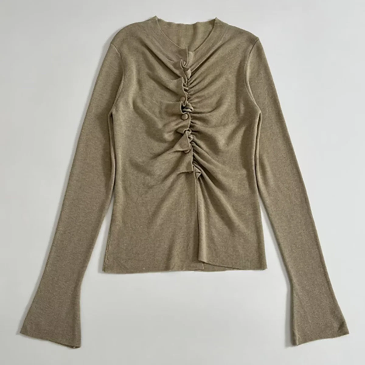 

Jenny&Dave Minimalist Champagne Pleated Single Breasted Knitted Cardigan Women Tops Long Sleeve Shirt Sweaters Woman Clothes