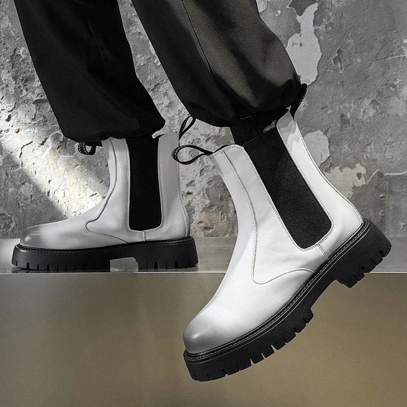 men casual stage nightclub high genuine leather boots slip-on platform shoes cowboy autumn winter boot long chelsea botas hombre