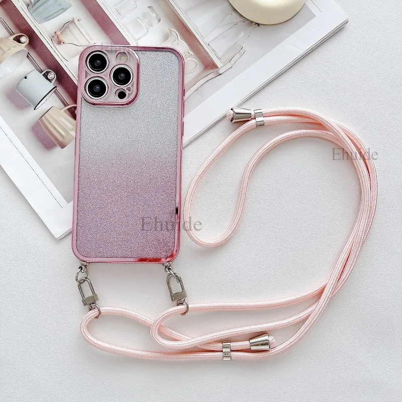 حافظة بحزام قابل للتعديل لهاتف آيفون 16 برو ماكس 15 بلس 11 12 13 14 برو 17 حبل كروس هوائي غطاء ورقي لامع مطلي شفاف