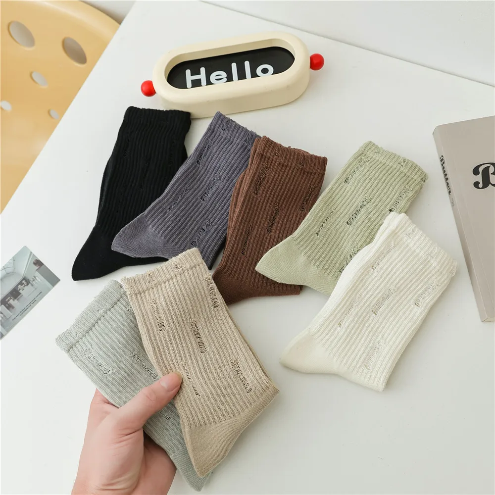 1PR Non-Lost Socks Solid Color Ripped Socks Female Ins Harajuku Style Beggar Socks Bunching Socks Mid-Calf Hole Socks