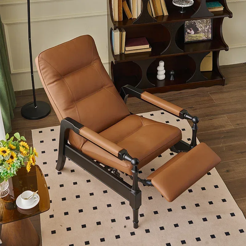 Solid wood office chair, multi-functional sofa, first-layer cowhide recliner, folding lunch break retro study furniture