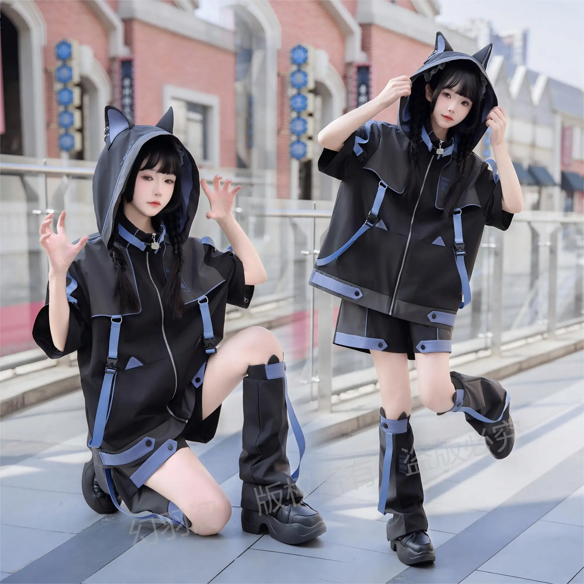 Japanese Subculture Waterproof Interchange Jacket Sets Cute Cat Ears Hooded Detachable Sleeve Cardigans Coat Women Shorts Pants