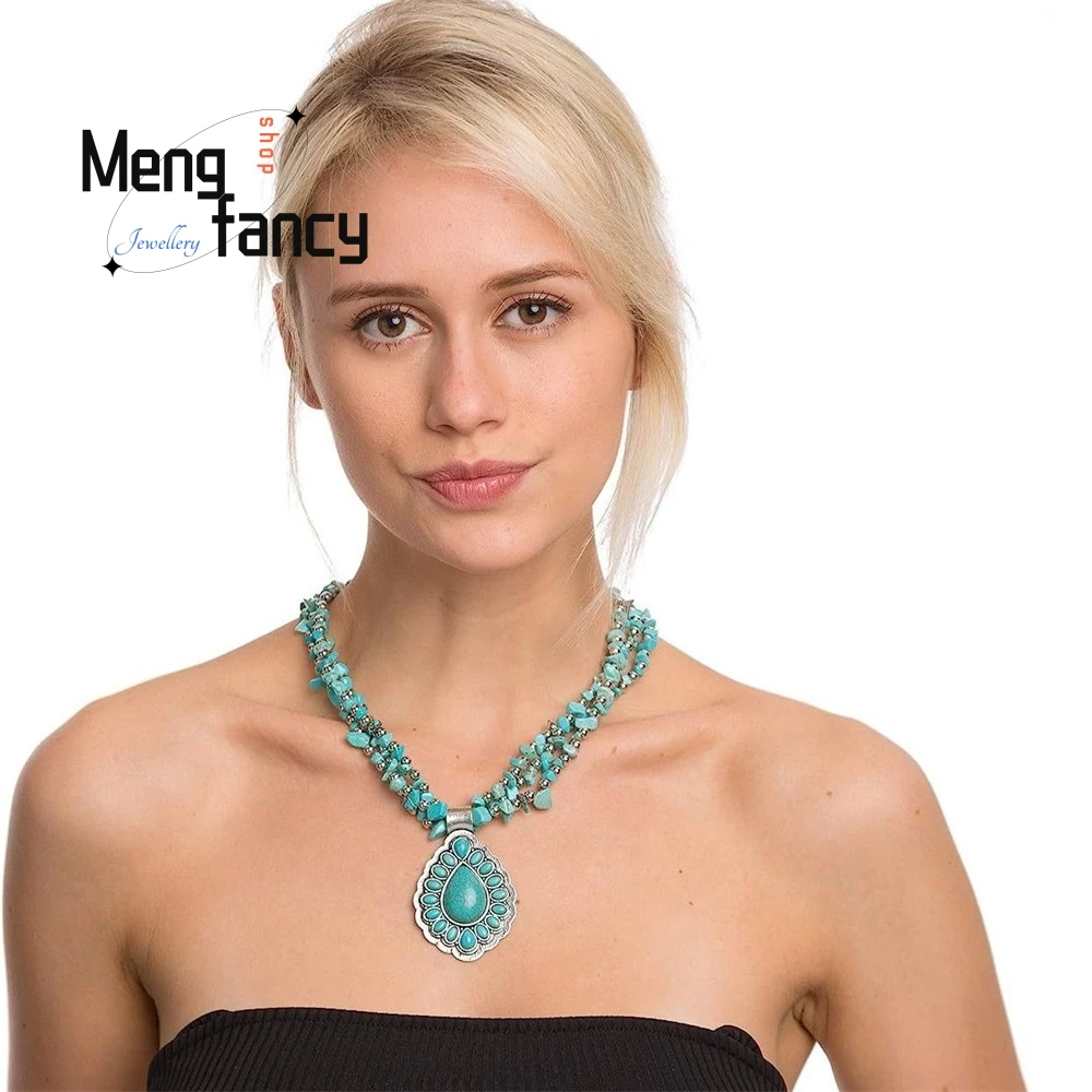

High- RetroGrade Turquoise Necklace Fashion Jewelry Natural Stone Pendant Exquisite Elegant Popular Luxury Quality Best Selling