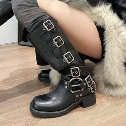 Punk Streetwear Motorcycle Boots Belt Metal Buckle Round Toe Thick Sole Mid Calf Shoes  2024 Fall Winter New Fashion Botas Mujer