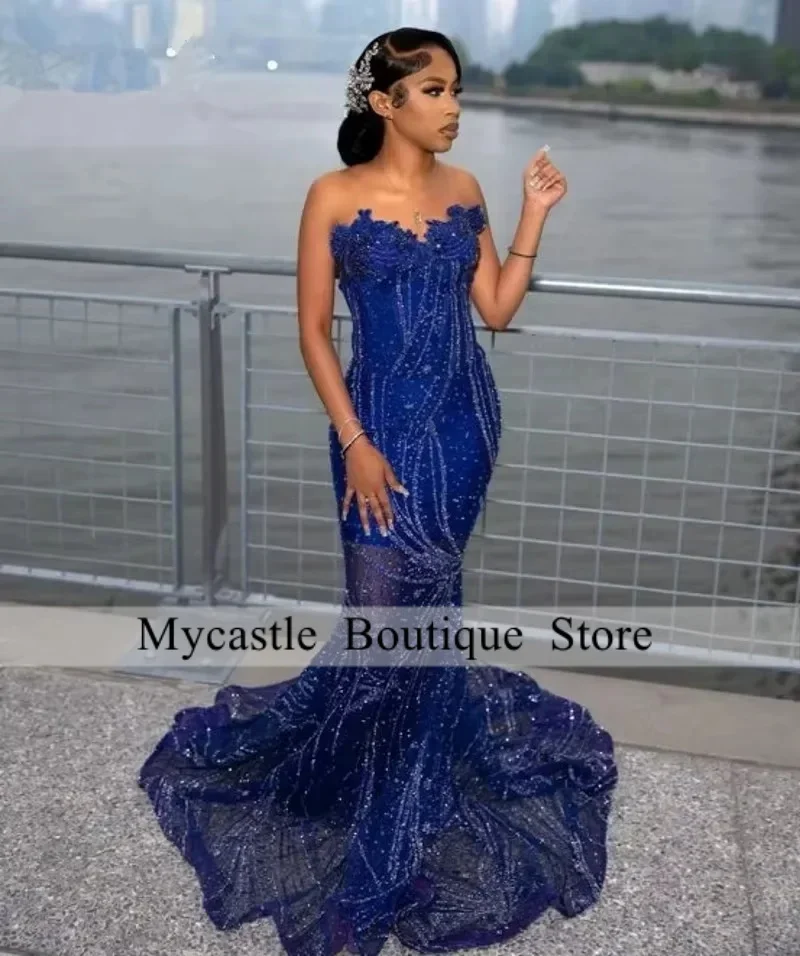 Luxury Blue Prom Dresses 2026 Sweetheart Sequin Beads Mermaid Party Gowns For Black Girls Maxi vestidos de graduación Customized