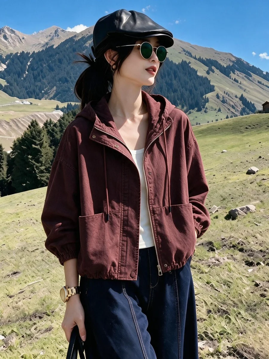 Retro Washed Hooded Jacket Women's Design Spring New Loose Fit Short Outerwear Cotton Commute Style Zipper Decorated Long Sleeve