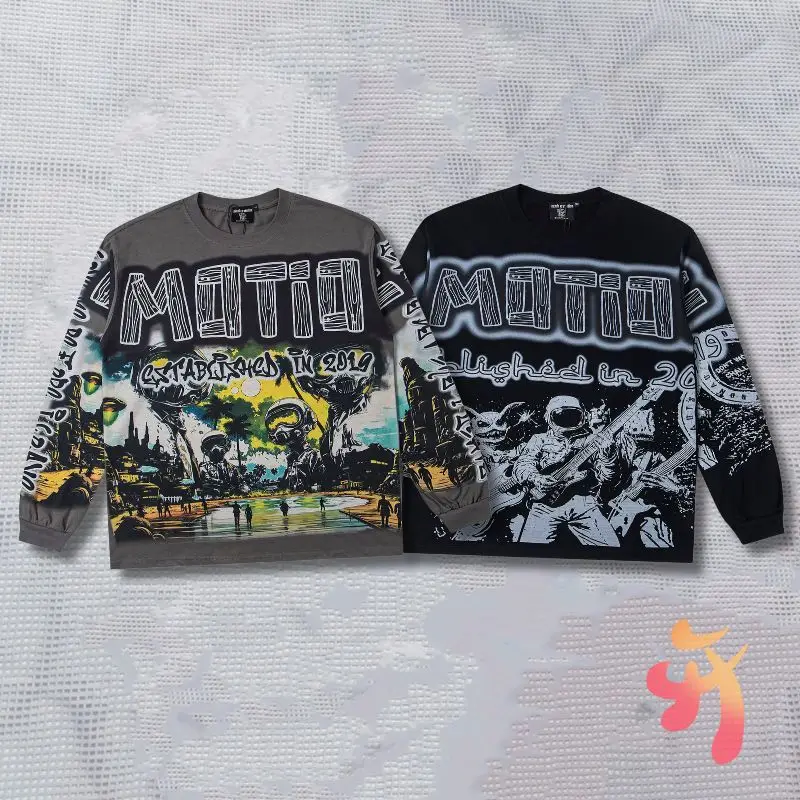 

American Street MIXED EMOTION Long Sleeve Tops Cotton High Quality Double-sided Graffiti Letter Alien Print Tshirts Men Women