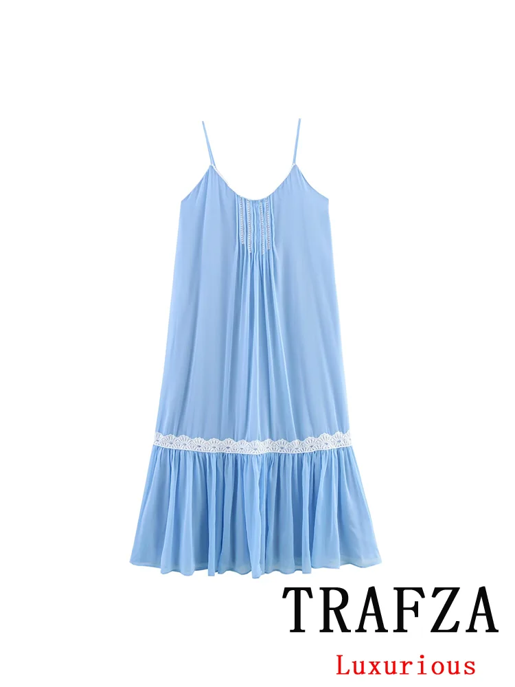 

TRAFZA Casual Sweet Chic Women Cami Dress Lace Sleeveless Midi Pleat Dress New Fashion 2025 Spring Summer Holiday Beach Dress