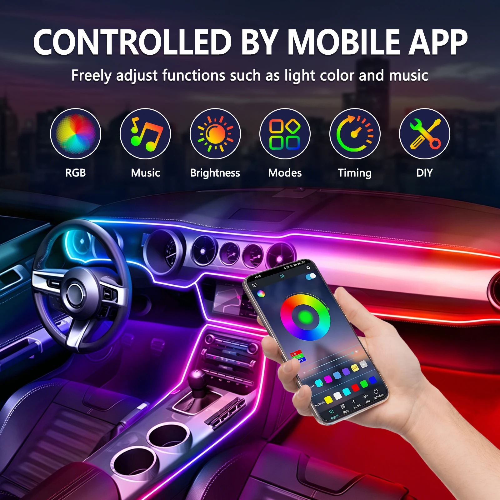 6-in-1 LED Auto-Innenraum-Ambientebeleuchtung Fußraum-Dekorationslampen 12V RGB Atmosphärenlampen-Set mit APP-Steuerung Innenraumbeleuchtung – Detail 5