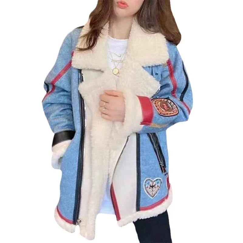 Veste de motard en Faux peau de mouton pour femme, manteau d'hiver en Patchwork épais doublé de polaire, Style hongkongais rétro, nouvelle collection 2025