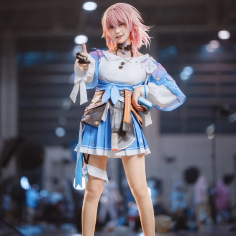 

March 7th Cosplay Costume Honkai Star Rail Full Set Blue Pleated Skirt White Shirt Jacket Outfit for Women Halloween