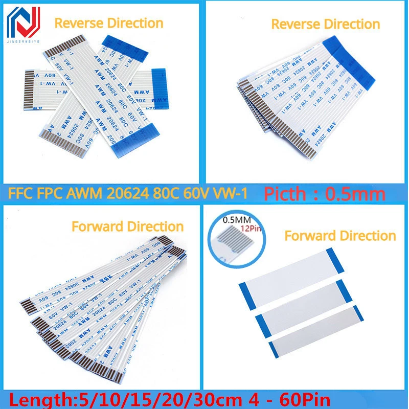 10 pz FFC FPC AWM 20624 80C 60V VW-1 cavo flessibile piatto 0.5MM 4 5 6 8 10 12 14 16 18 20 24 26 30 32 34 36 38 40 45 50 54 60 Pin