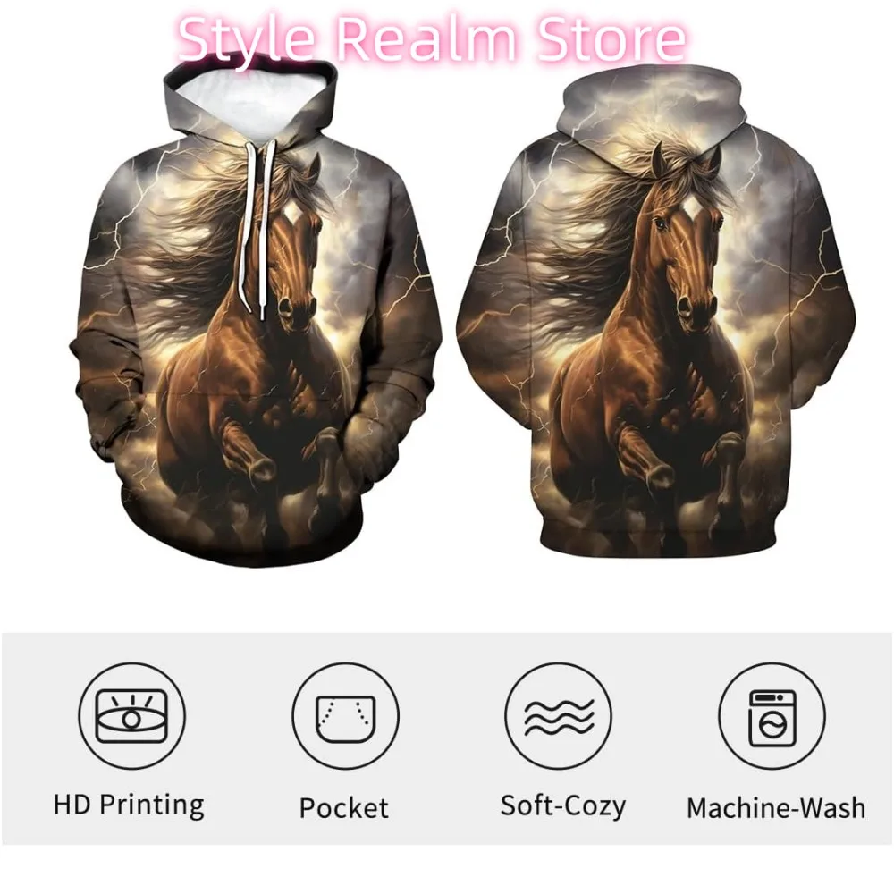 الجدة الحصان بنتيوم نمط هوديي 3D الطباعة مضحك الحيوان كم طويل سحب حبل هوديس السترة