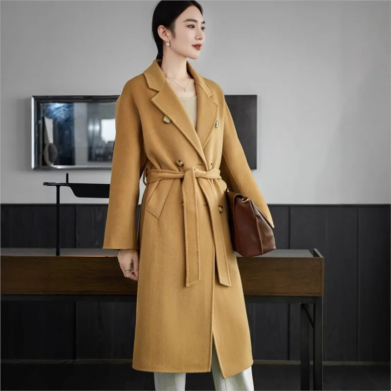 

New double-sided woolen coat for women long lace-up mature and double-breasted