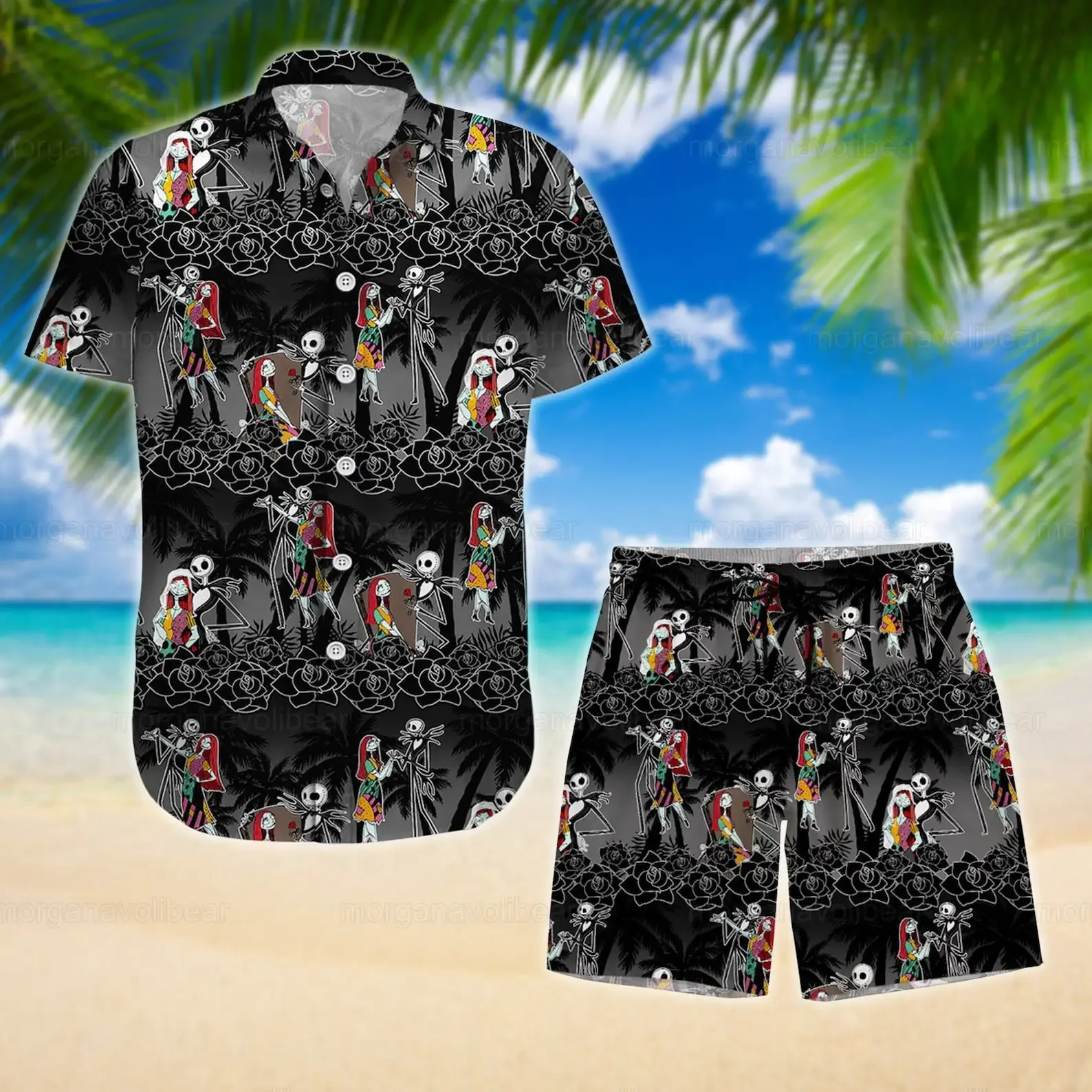 Jack Skellington Sweet Summer Vacation Hawaiian Shirt and Board Shorts Disney Fashion Short Sleeve Shirt Set Men Streetwear