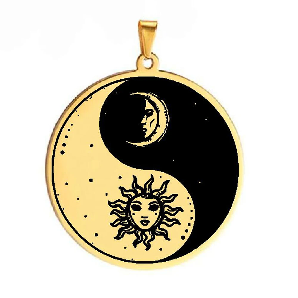 Celestial Mystic Yin Yang Meaning Love with Landscape Monoline Badge Sun and Moon Stainless Steel Pendant Necklace