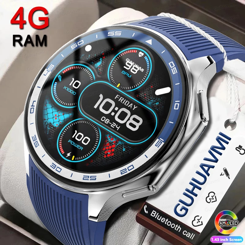 

Smart Watch Men 466*466 AMOLED Always Display The Time Blue Sport Fitness Track Call Watch 4GB Music Video playback Smartwatch