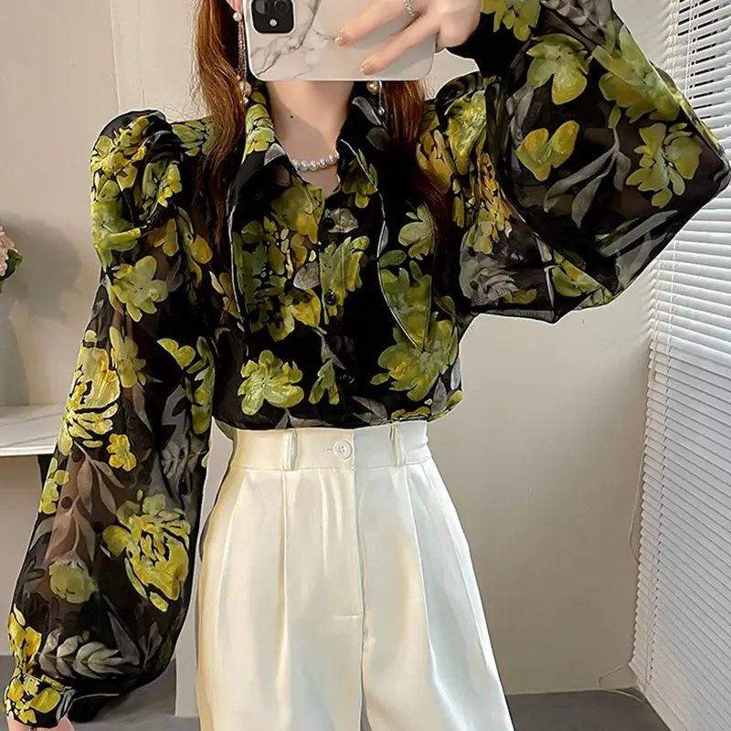 2023 Spring Autumn Women\'s Clothing Turn-Down Collar Puff Sleep Patchwork Printing Button Loose Fashion Long Sleeve Blouses