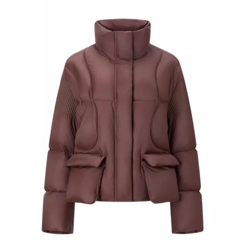 Chericom Women's Short Puffer Jacket Stand Collar Zippered Placket Drawstring Hem Snap-Button Flap Pockets Windproof Y299111Y