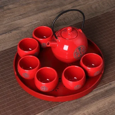 Chinese traditional red ceramic tea set suit creative wedding supplies tea cup pot tray newlywed gift