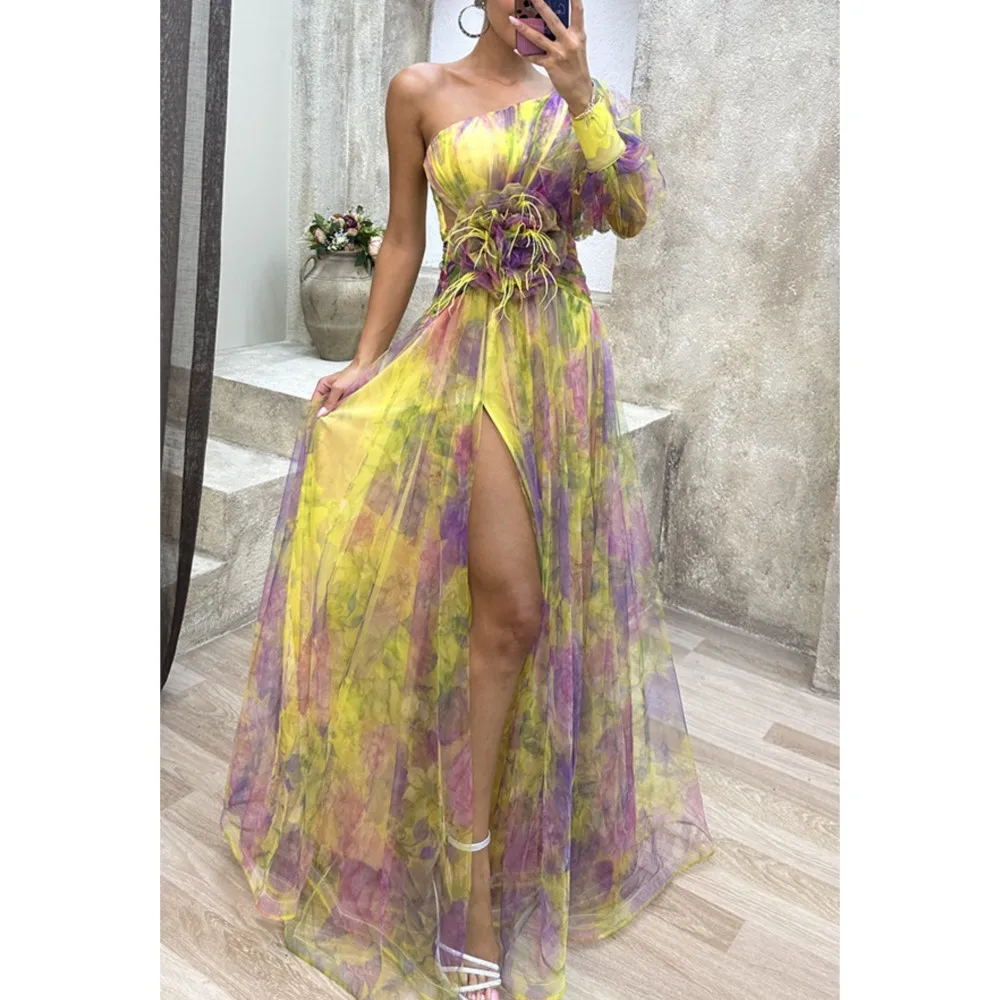 2024 New Party Mesh Diagonal Shoulder Dress Casual Fashion Printed Diagonal Collar Long Sleeve Hooded Flower Dress for Women