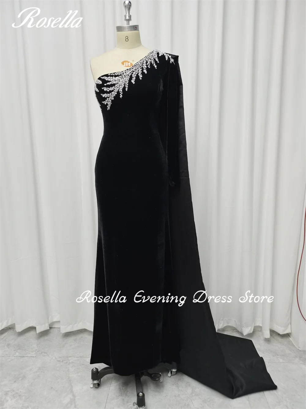 ROSELLA One Shoulder Womens Dresses Cape Shawl 2023 فساتين السهرة Beaded Floor Length Velour Mermaid Dresses for Prom