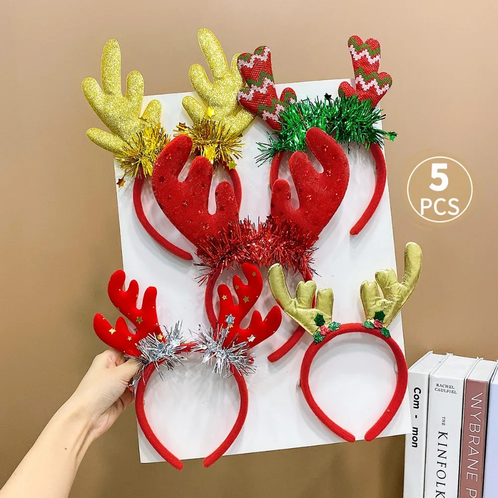 

5PCS Elk Antler 2025 Headband Snowman Santa's Hat Christmas Hair Hoop Adults Kids Headwear Headdress New Year Hairband