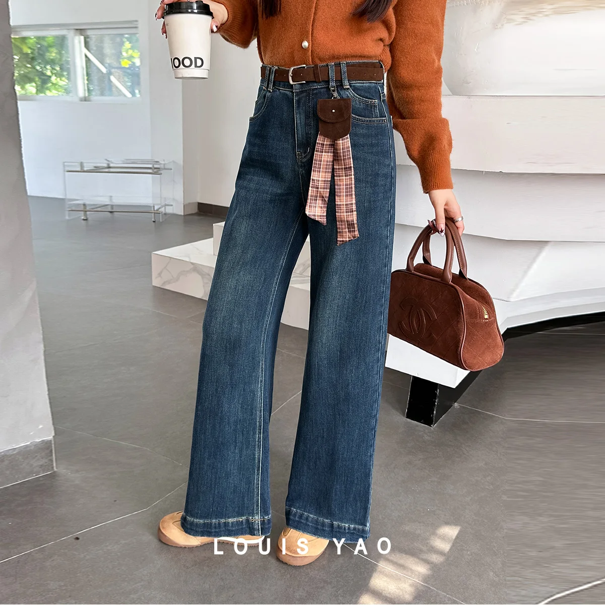 LOUIS YAO Retro Thick-Fit High Waist Bootcut Jeans 2025 Autumn/Winter Fleece-Lined Inside Long Women's Cowboy Pants