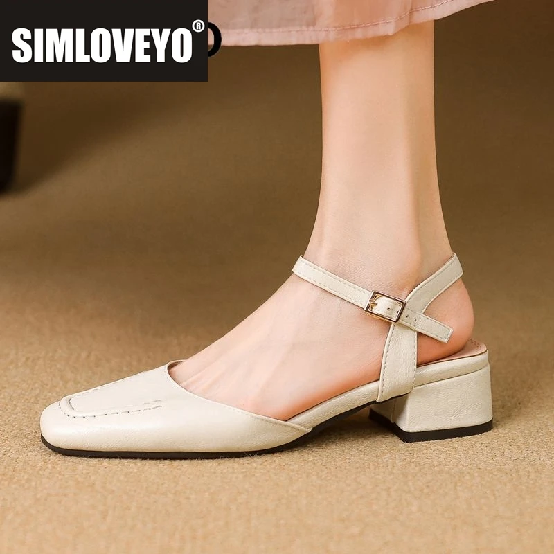 SIMLOVEYO 2025 Female Sandals Square Toe Thick Heels 3.5cm Buckle Strap Vintage Daily Summer Shoes Plus Size 41 42 43 31 32 33