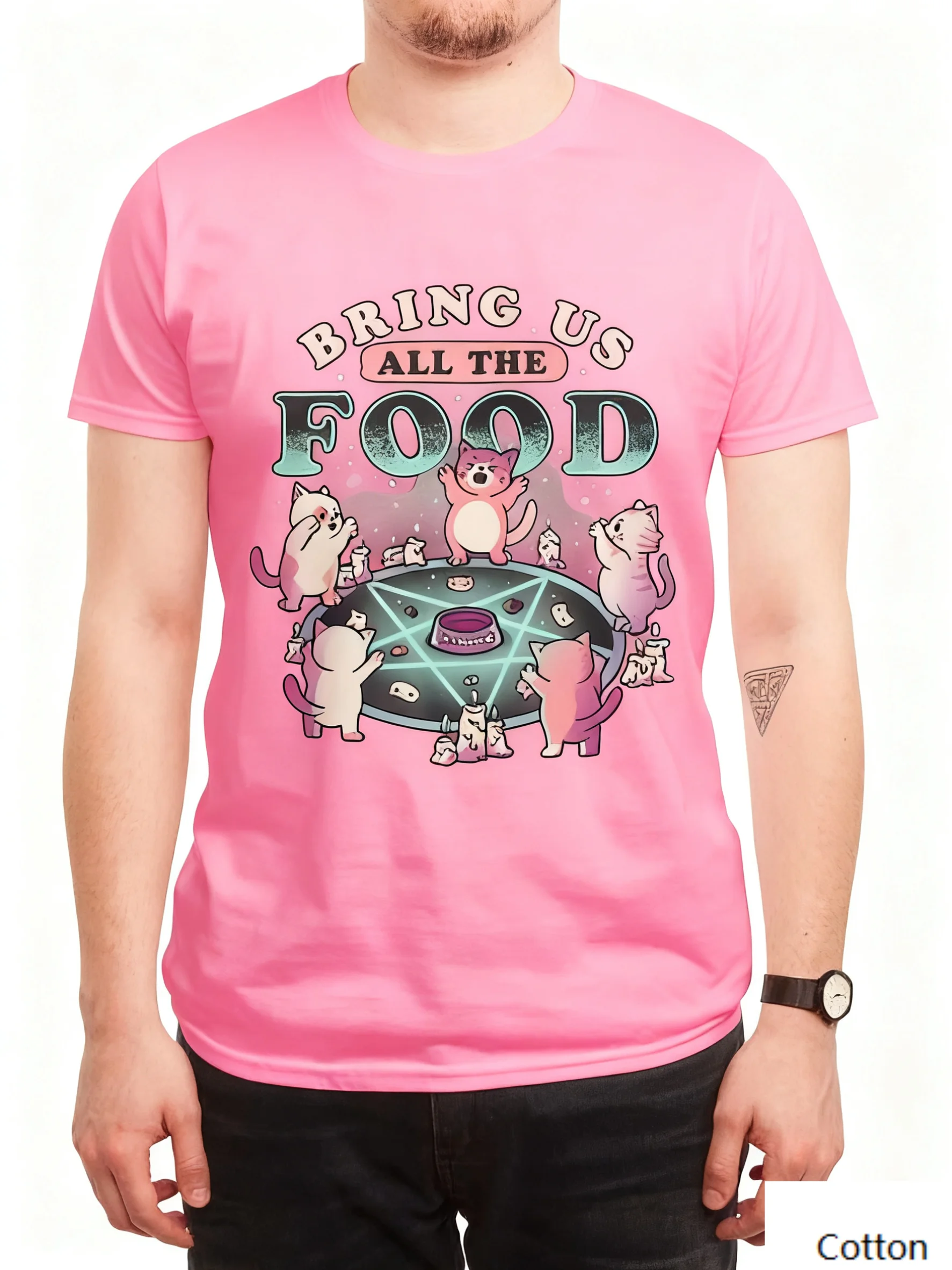 Хлопковая футболка с круглым вырезом Creative Cat «Humorous Food Ritual» с ярким дефектом кошек, пентаграмма