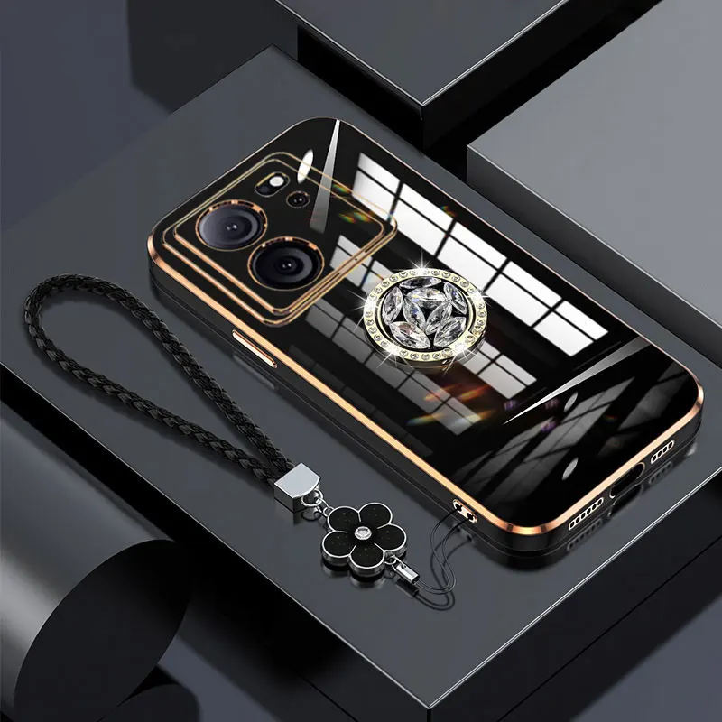 Xiaomi13T Case Luxury Diamond Ring Cover For Xiaomi 13T 12T 11T 13 12 pro Lite Phone Case With Flower Lanyard Plating Cases 13T
