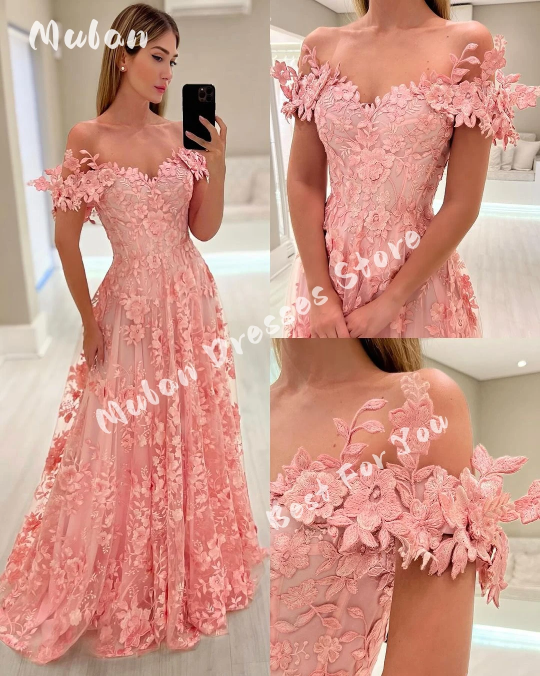 

Off Shoulder Flower Lace A-line Prom Dresses Sleeveless Tulle Elegant Evening Dresses 2024 Formal Occasion Party Gown Vestido