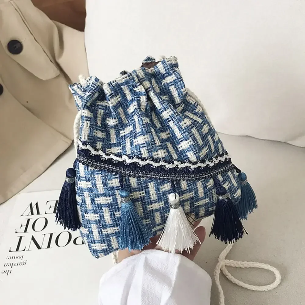 Cotton Ethnic Style Crossbody Bag Drawstring Coin Purse Shoulder Bag Large Capacity Phone Storage Weave Bucket Bag Girl